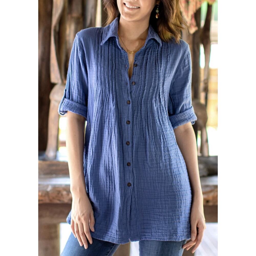 Novica Blue Cotton Gauze Shirt Tunic Thailand Small A004684